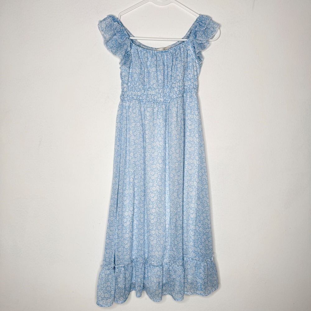 No Comment Girls Size 11/12 Blue White Floral Ruffle Smocked Sundress Midi Dress